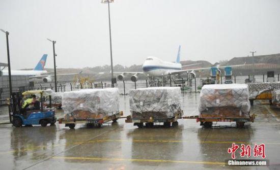 3月27日，广州白云国际机场国际1号货站工作人员正在运送防疫物资。近期，广州白云国际机场国际1号货站承运大量发往海外的医疗物资。截至3月26日，已累计发送防疫物资663吨，其中公益捐赠防疫物资113吨，普通贸易防疫物资550吨。 <a target='_blank' href='http://www.chinanews.com/'>中新社</a>记者 姬东 摄