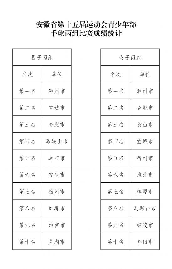 安徽省第十五届运动会青少年部手球丙组比赛成绩统计